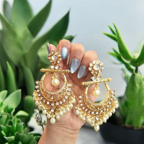 Big Golden Pearl & Kundan Earrings
